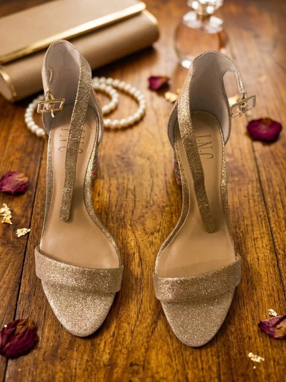 INC International Concepts Glitter Gold T-Strap Heeled Sandals